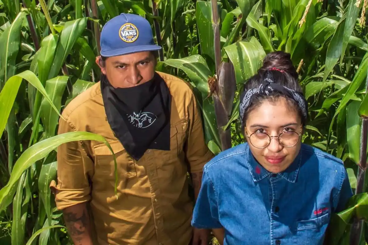Hombre y mujer al interior de una milpa