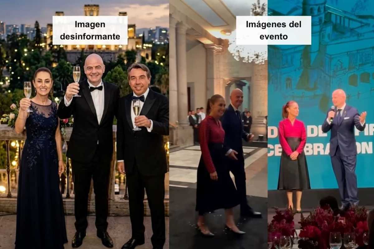 Fuente: Comparación de imagen desinformante y capturas de pantalla del evento de la FIFA en el Castillo de Chapultepec. 
