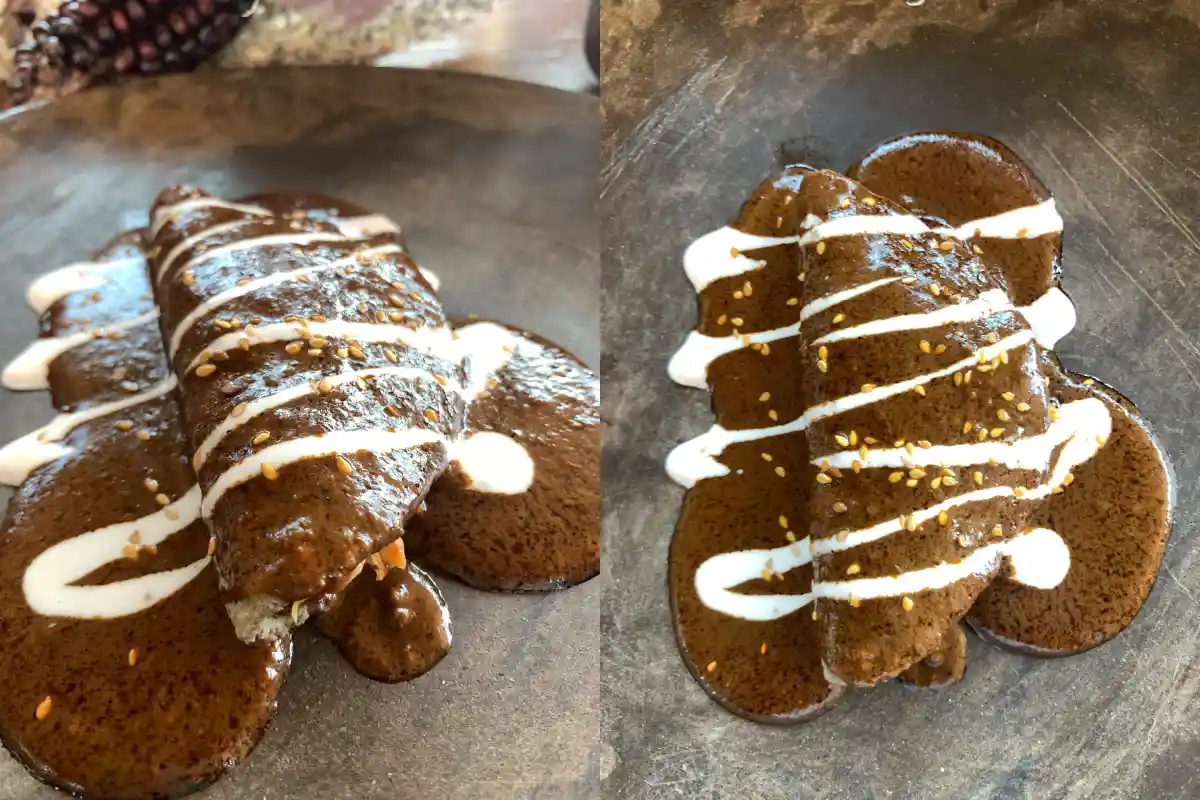 Un plato con una enchilada de mole con crema