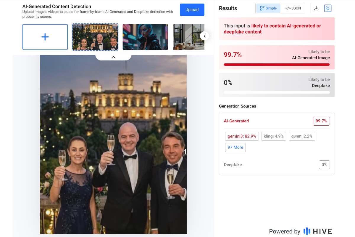 La imagen en donde se ve a Claudia Sheinbaumen en un brindis con el presidente de la FIFA y Emilio Ezcárraga está generada con inteligencia artificial, aunque sí asistieron a una cena en el Castillo de Chapultepec.