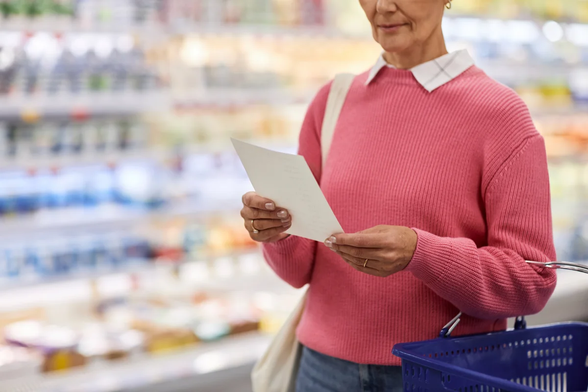 Mujer mayor revisa lista de supermercado
