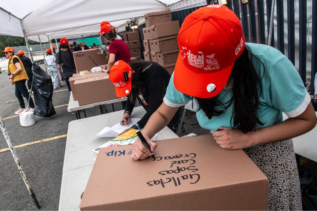 Personas voluntarios reciben, clasifican y acomodan sobre tarimas