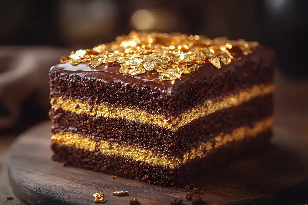 Pastelillo de chocolate bañado con láminas de oro sobre una tabla de madera