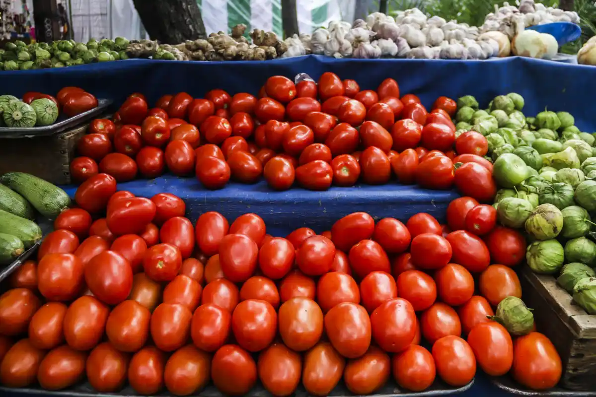 Kilos de jitomate expuestos en un puesto de tianguis