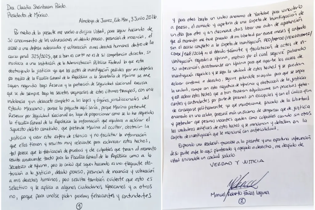 La carta del vicealmirante dirigida a Sheinbaum.
