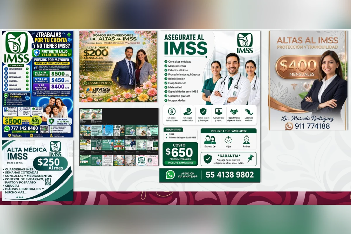 Imágenes de letreros ofertando afiliaciones del IMSS a bajo costo 