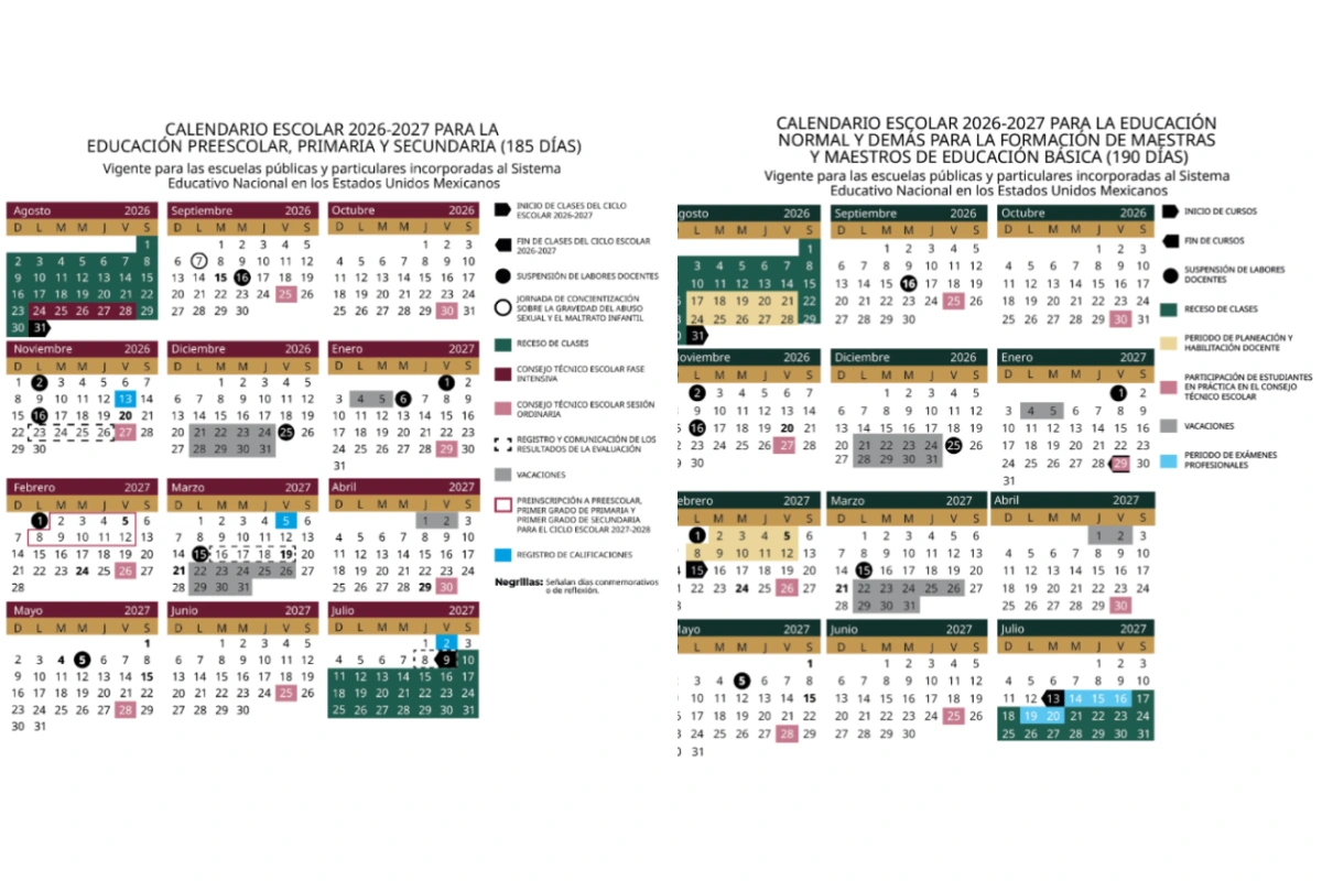 Calendario escolar 2026-2027 de 185 y 190 días | Extraídos de: SEP