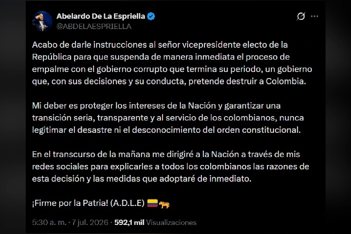 De la Espriella suspende transición en Colombia