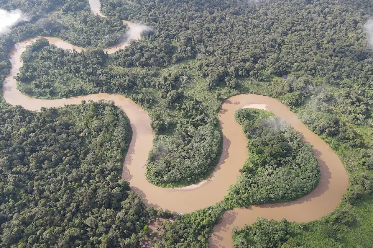 Vista aérea del río Curaray serpenteando entre la densa vegetación de la selva amazónica.