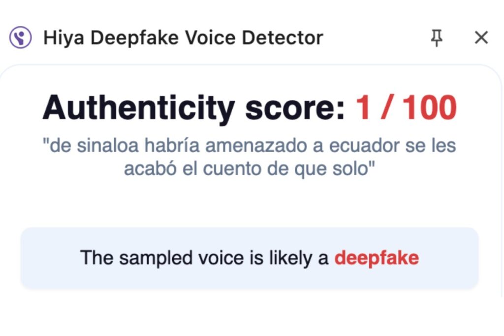 Fuente: Resultados que arrojó la herramienta Hiya Deepfake Voice Detector.