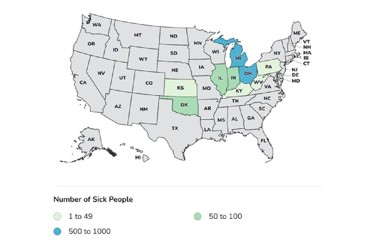 Mapa de Estados Unidos que muestra el número de personas enfermas por Cyclospora clasificadas por estado.