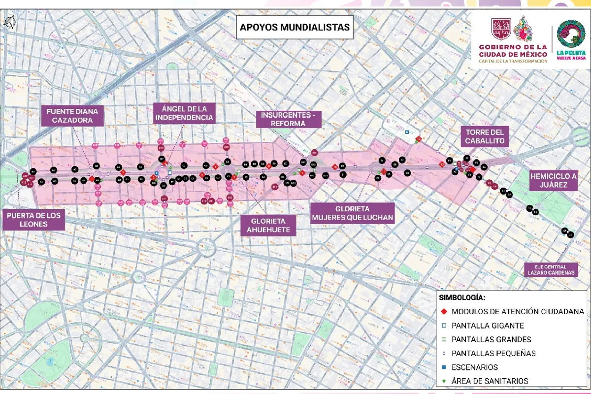 Mapa de Reforma a Bellas Artes con marcas en donde se colocarán pantallas y puestos de seguridad