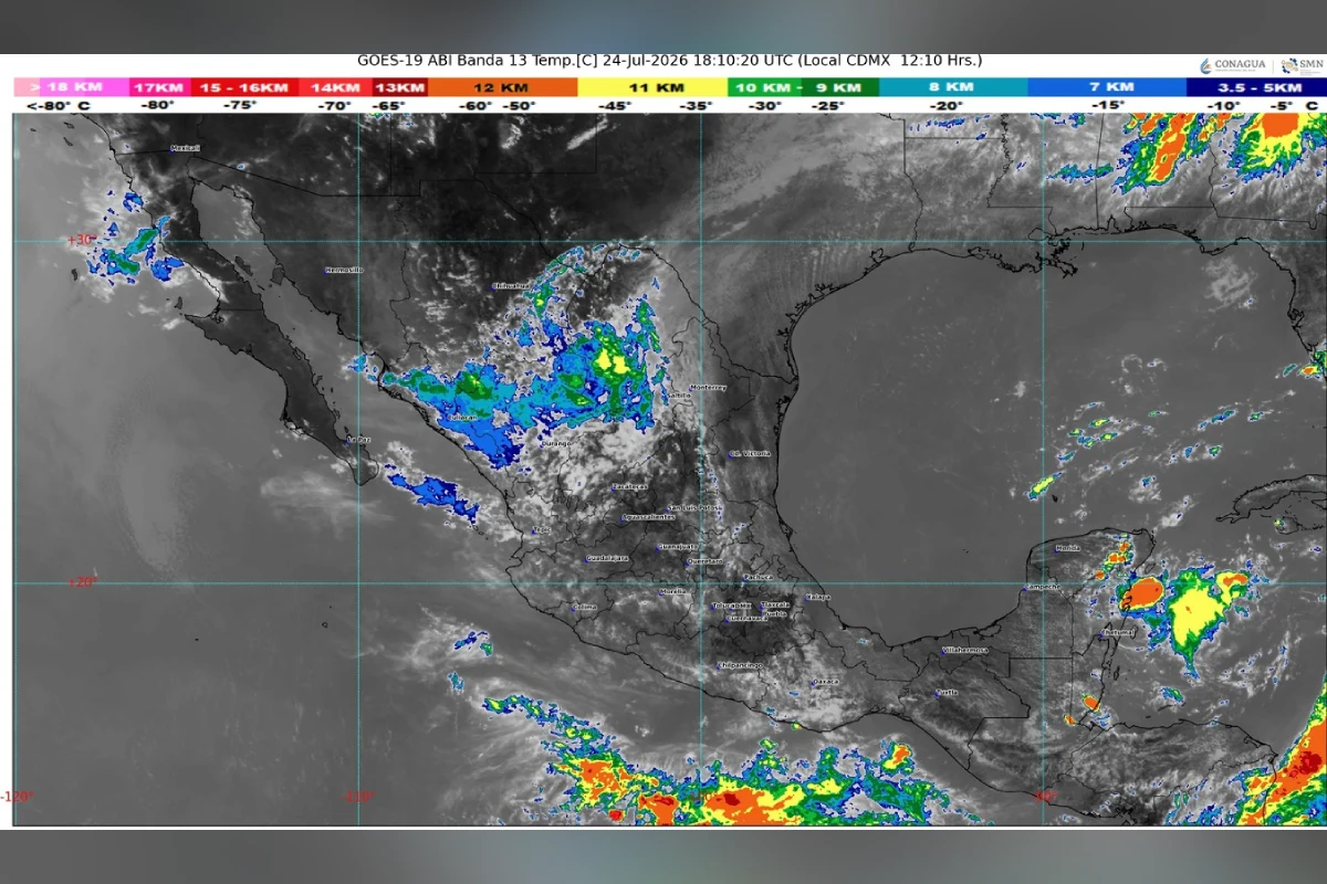 Mapa de satélite GOES-19 del Servicio Meteorológico Nacional que muestra el tope de nubes y nubosidad sobre la República Mexicana.
