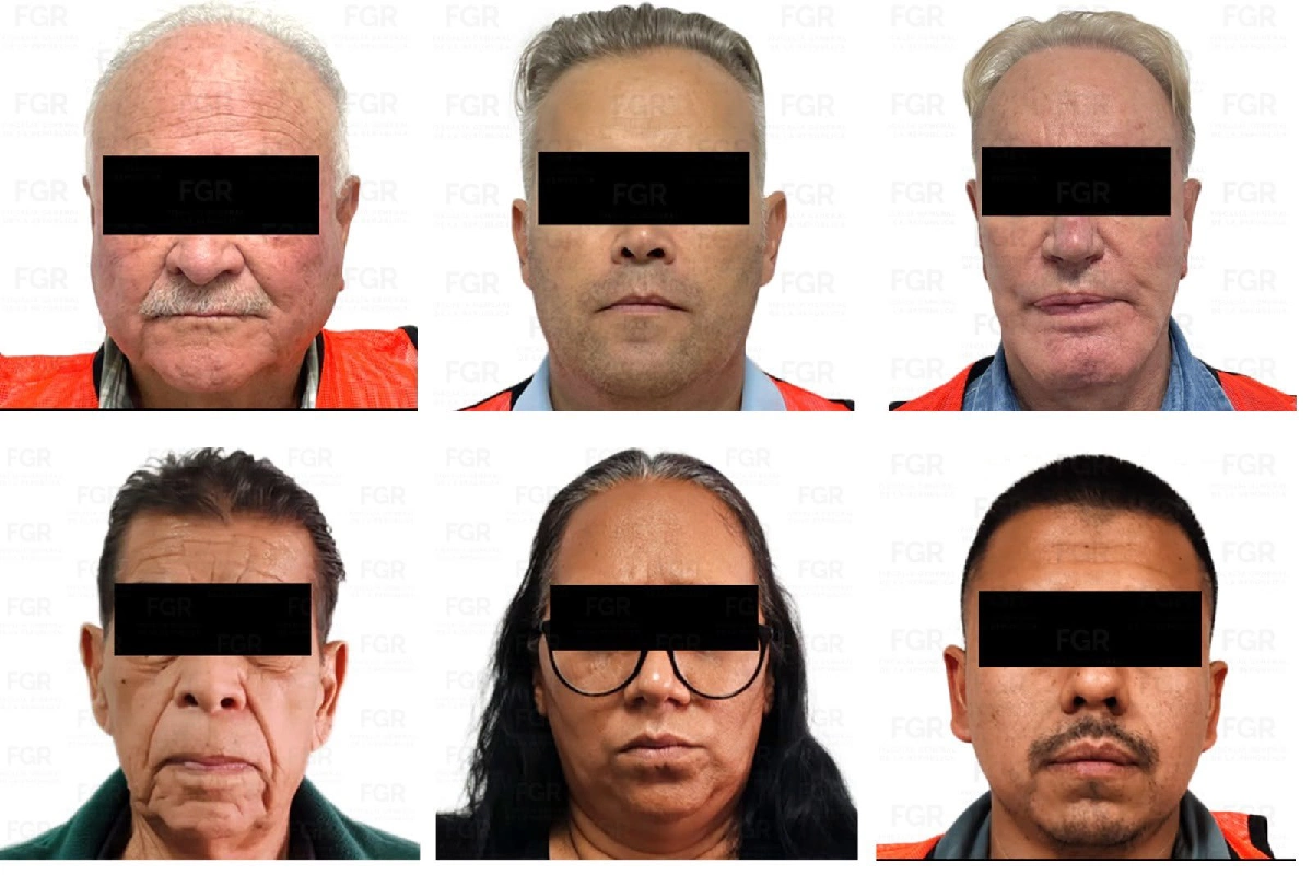 Personas detenidas por la FGR por huachicol y contrabando de combustible, con los ojos cubiertos para proteger su identidad.