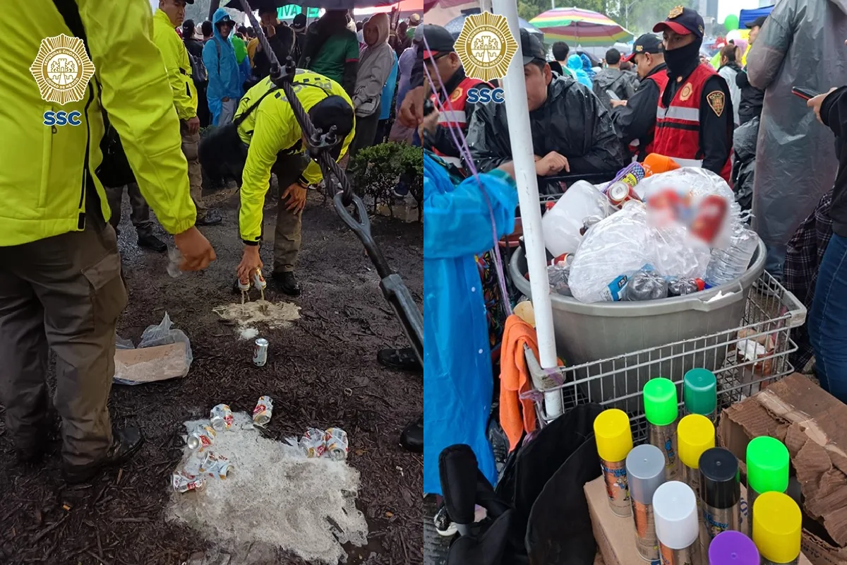 Elementos de la Policía de la CDMX (SSC) tiran latas de cerveza decomisadas y supervisan un carrito con mercancía ilegal durante un operativo.