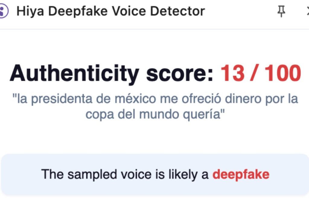 Captura de pantalla de los resultados de la herramienta Hiya Deepfake Voice Detector.