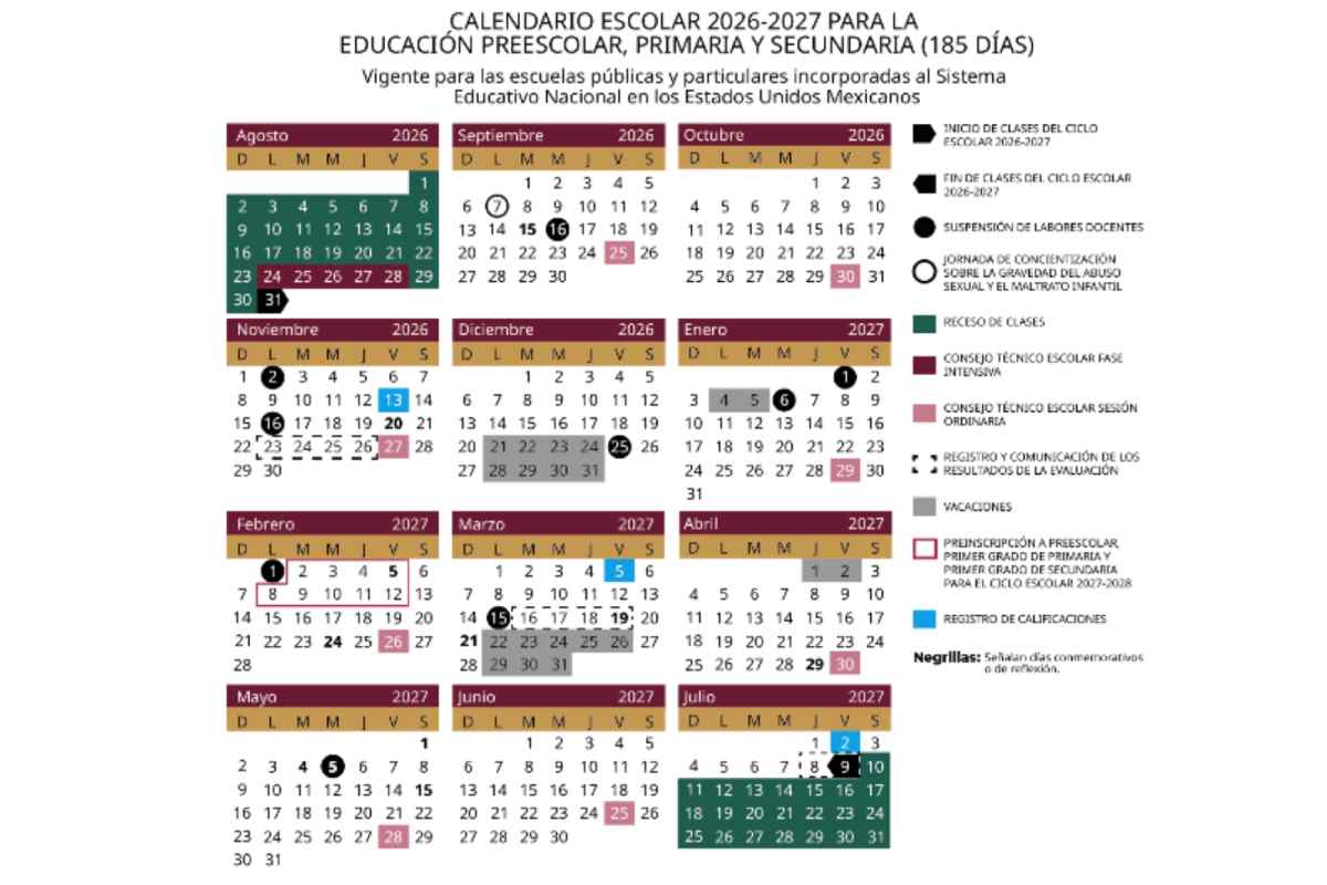 Calendario oficial de la SEP para el ciclo 2026-2027. (DOF)