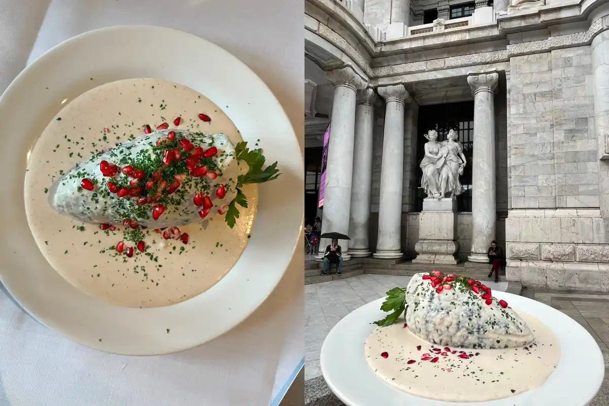 Chile en nogada sin capear con fondo el Palacio de Bellas Artes