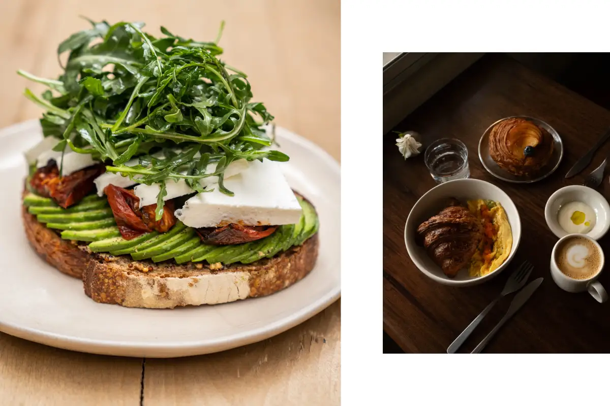 Platillos con avocado toast y cafe con pan dulce