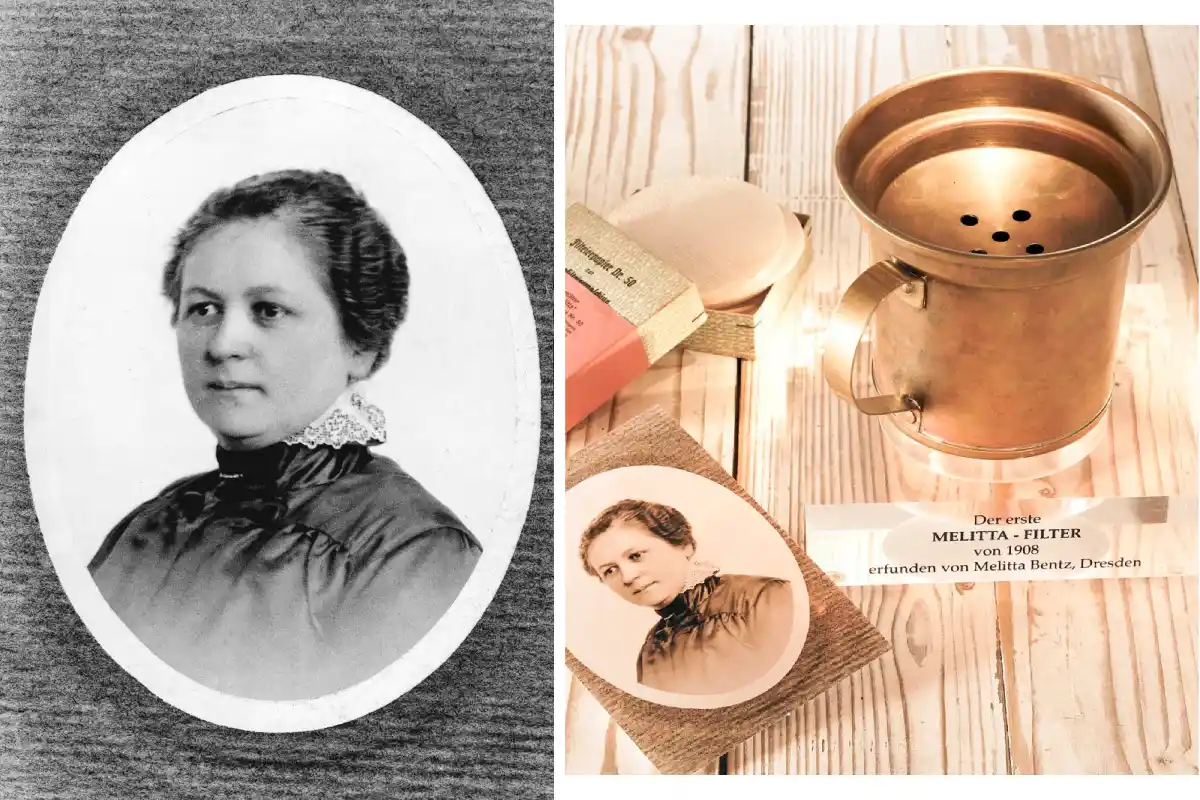 Retrato de mujer en blanco y negro y una taza de cobre