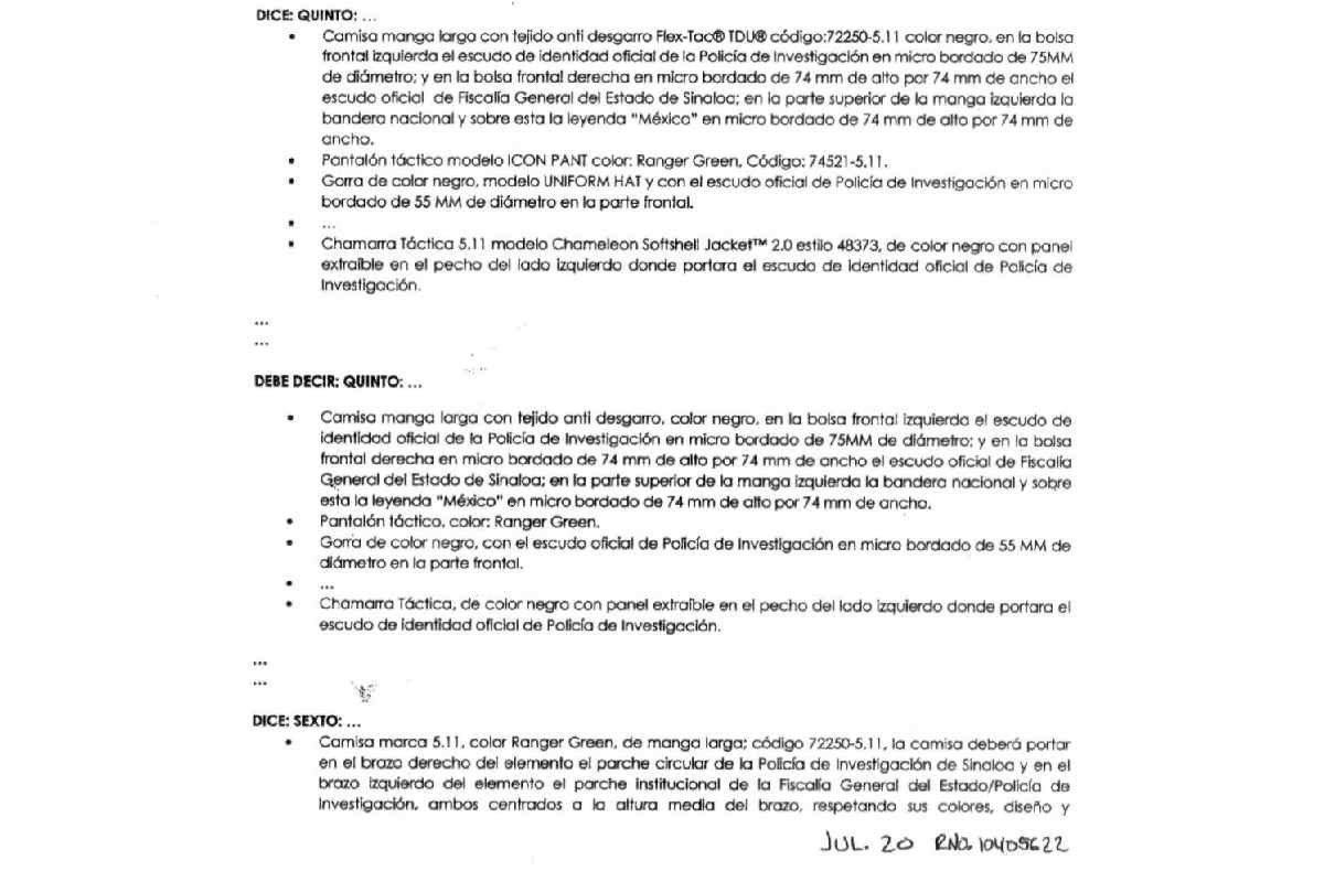 A través de una oportuna "fe de erratas", la Fiscalía borró los códigos de catálogo que obligaban a la dependencia a adquirir los uniformes con un solo fabricante comercial.