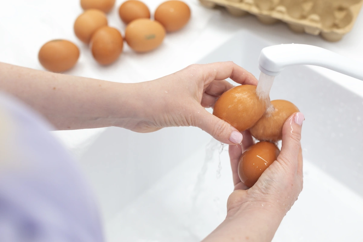 Lavado de huevos orgánicos de pollo bajo agua corriente en fregadero.