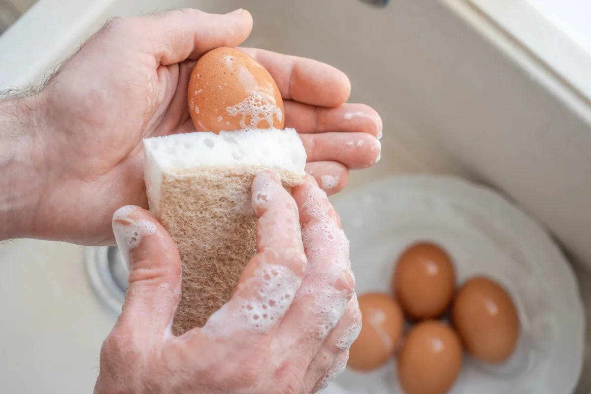 El hombre lava los huevos con una esponja bajo el agua corriente en un fregadero de la cocina.