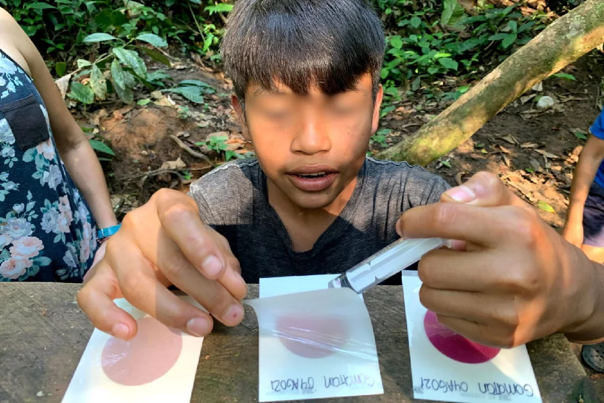 Participante Waorani realizando pruebas de campo para monitorear la calidad del agua en Gomatan, utilizando tecnología científica básica como jeringas y placas de cultivo Petrifilm.