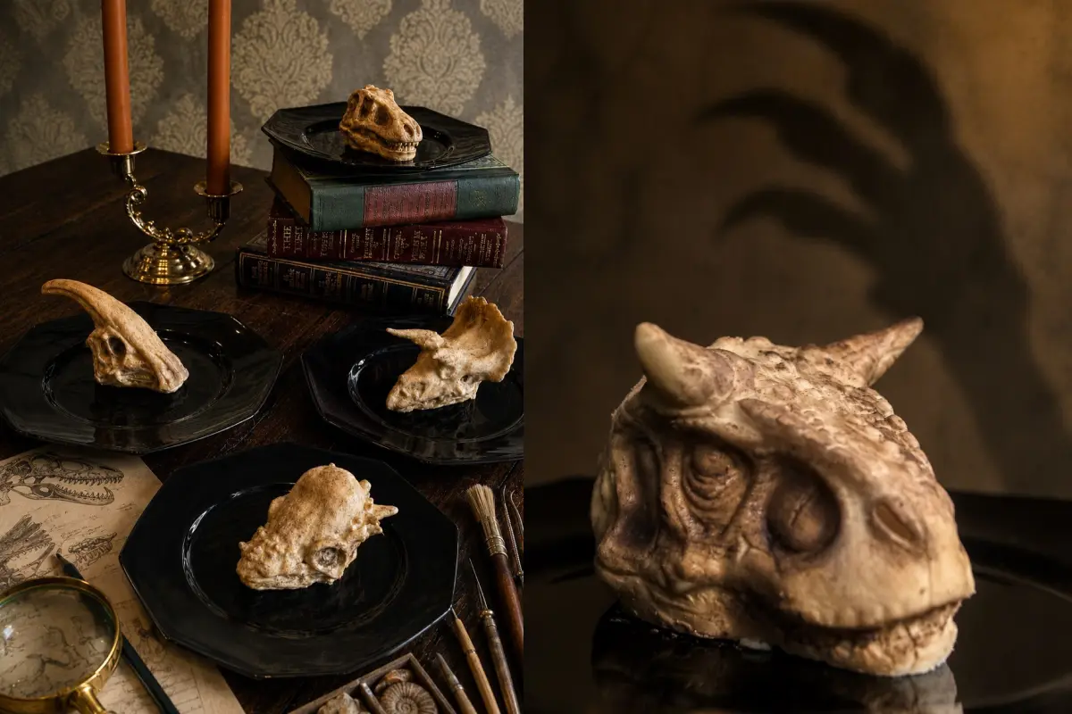 Cráneos de dinosaurios servidos en un plato