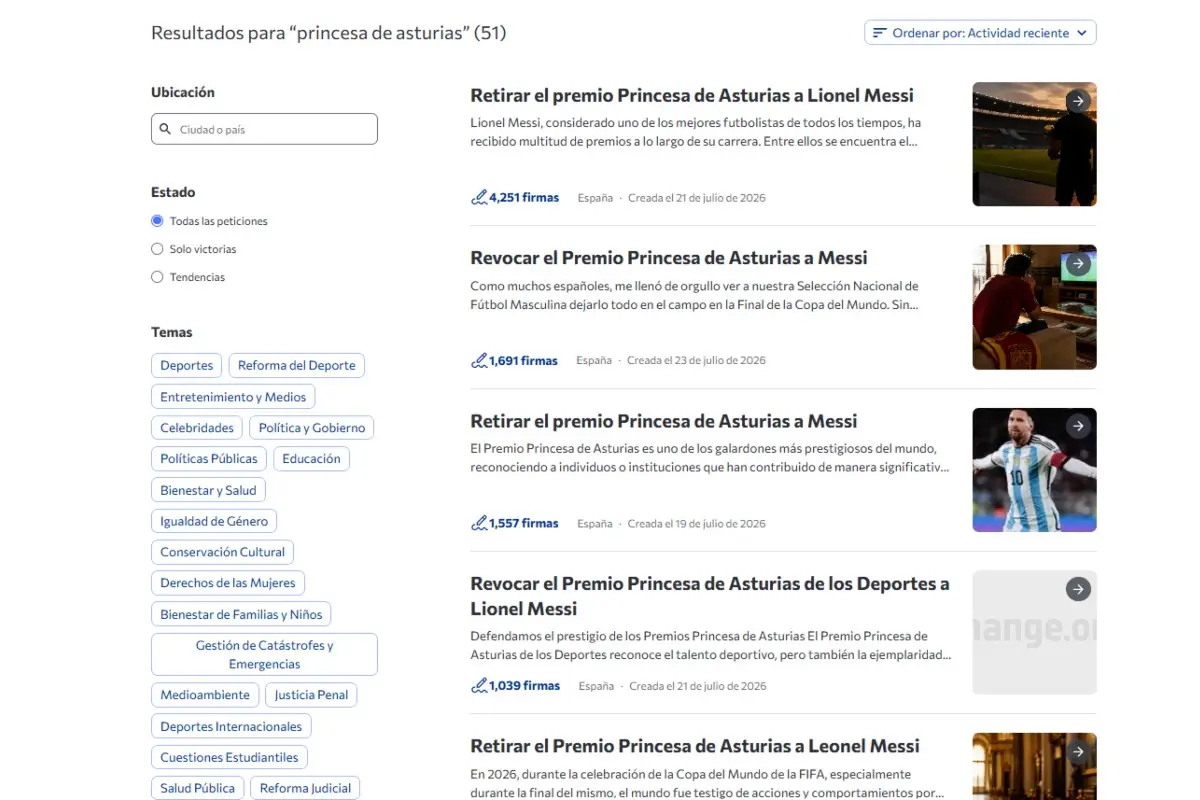 Captura de pantalla del sitio change.org con distintas peticiones para retirar el Princesa de Asturias a Messi
