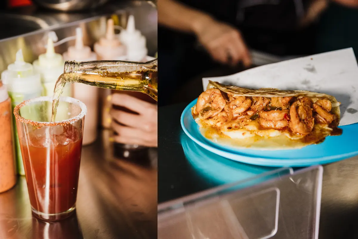 michelada y taco de camarón