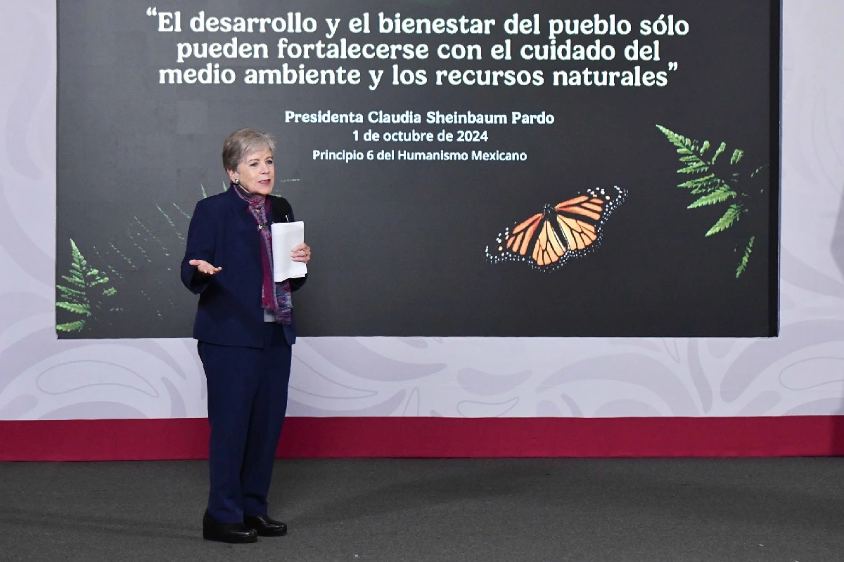 Alicia Bárcena en conferencia de prensa matutina con una diapositiva detrás de ella 