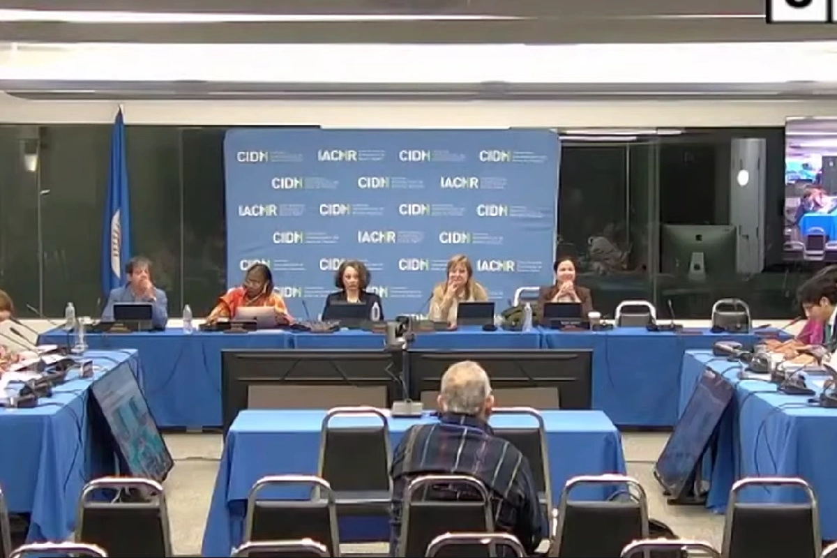 Sesión de audiencia pública de la Comisión Interamericana de Derechos Humanos (CIDH) con comisionados e integrantes en mesas dispuestas en forma de U.