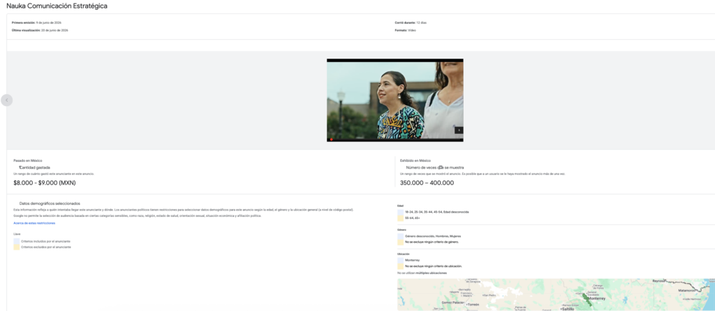 Captura de pantalla del Centro de Transparencia de Google.