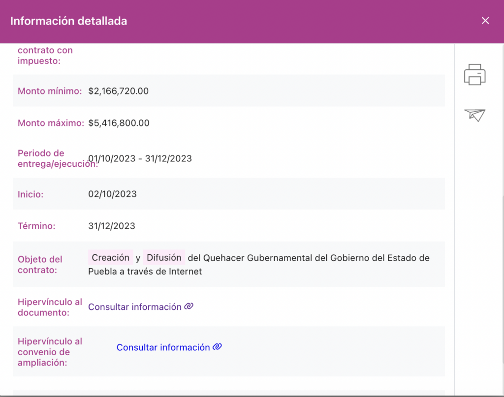 Fuente: captura de pantalla de la información de uno de los contratos publicada en la PNT. 