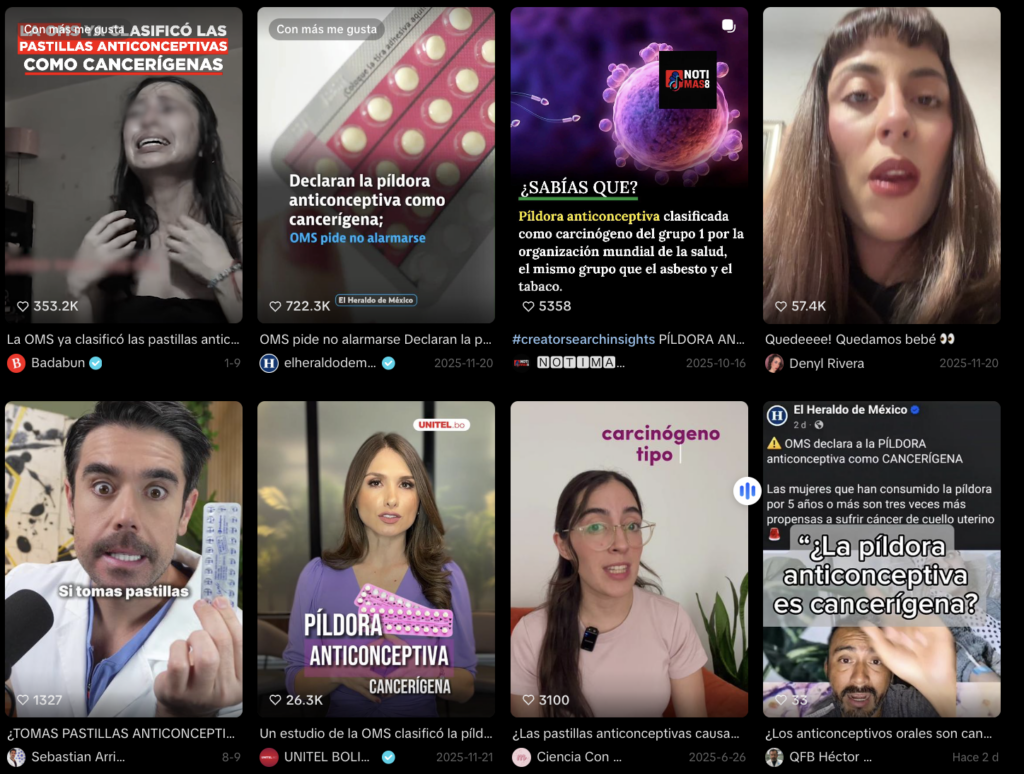 Fuente: captura de pantalla de la búsqueda “la OMS declara a la píldora anticonceptiva cancerígena” en TikTok. 