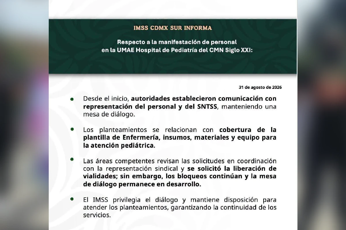 Personal de enfermería del Centro Médico Siglo XXI protesta por falta de insumos; IMSS ofrece diálogo