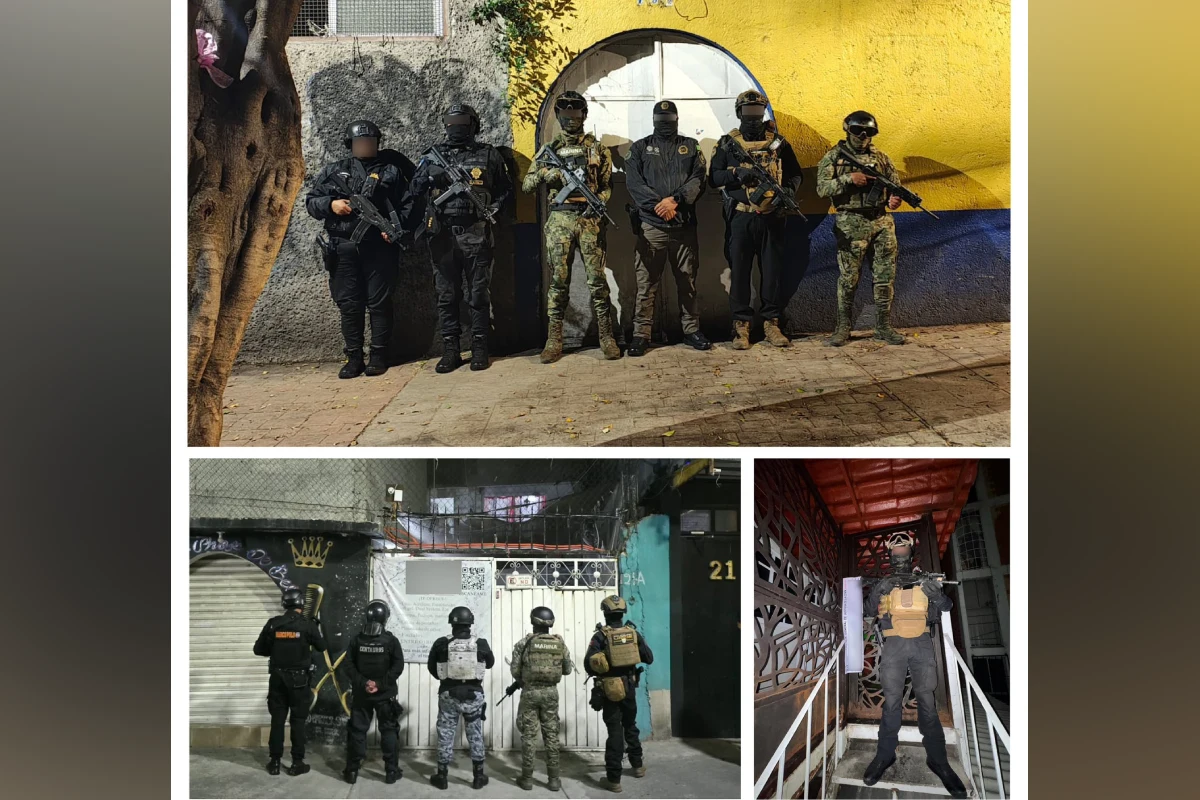Collage de fotos que muestra a agentes armados de la Marina, Policía y fuerzas de seguridad custodiando las entradas de distintos inmuebles durante operativos de cateo.