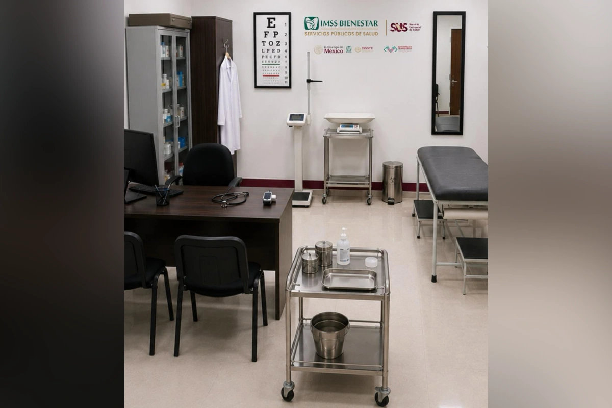 Modelo de consultorio de atención primaria del Servicio Universal de Salud del IMSS-Bienestar con equipo médico, báscula con estadímetro y logotipos oficiales en la pared.