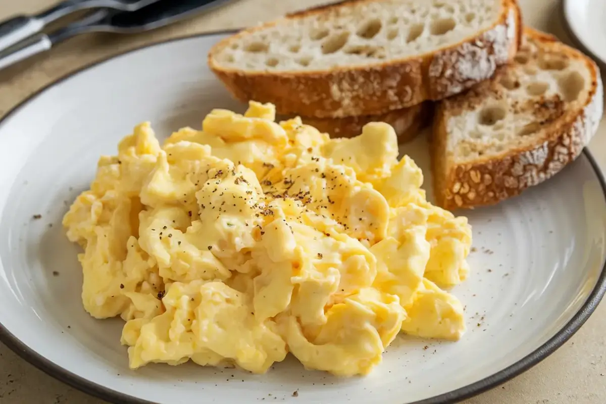 Huevos revueltos sobre un plato con rebanadas de pan