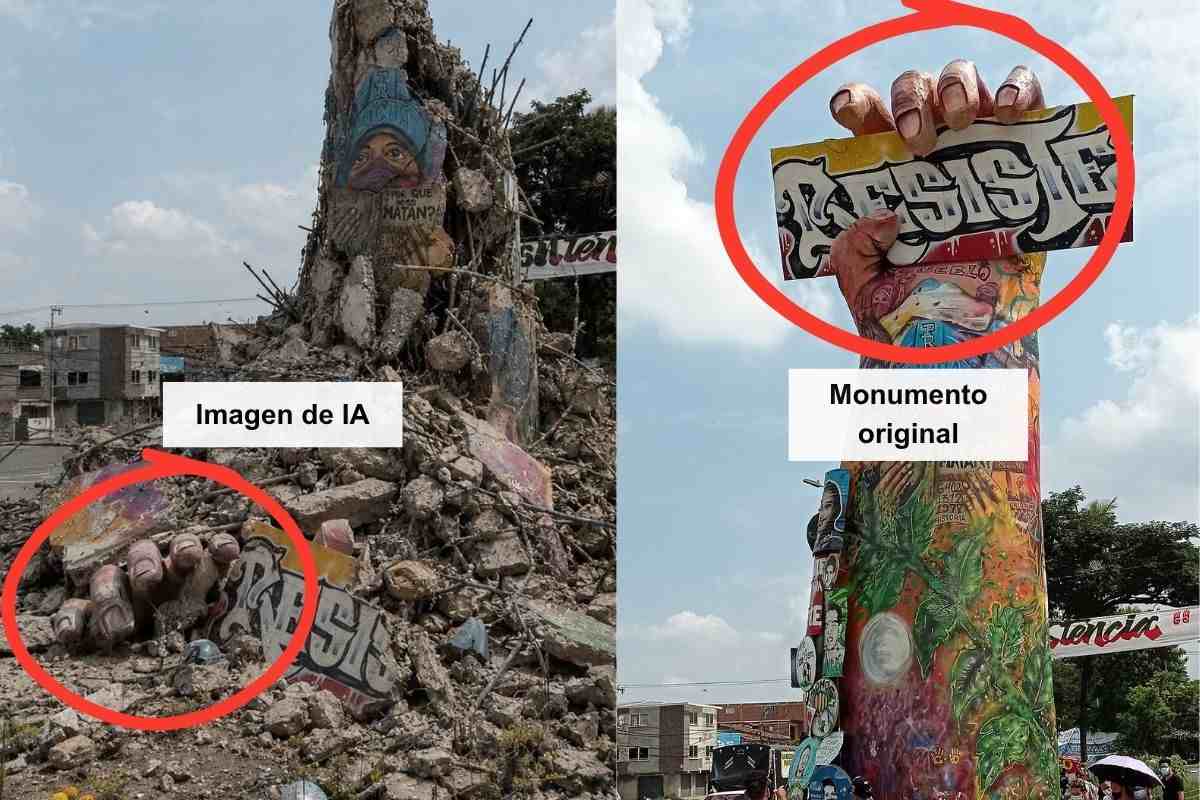 Comparten en redes una imagen del Monumento a la Resistencia, en Cali, destruido. Pero no hay reportes de este derrumbe y la imagen se generó con inteligencia artificial.