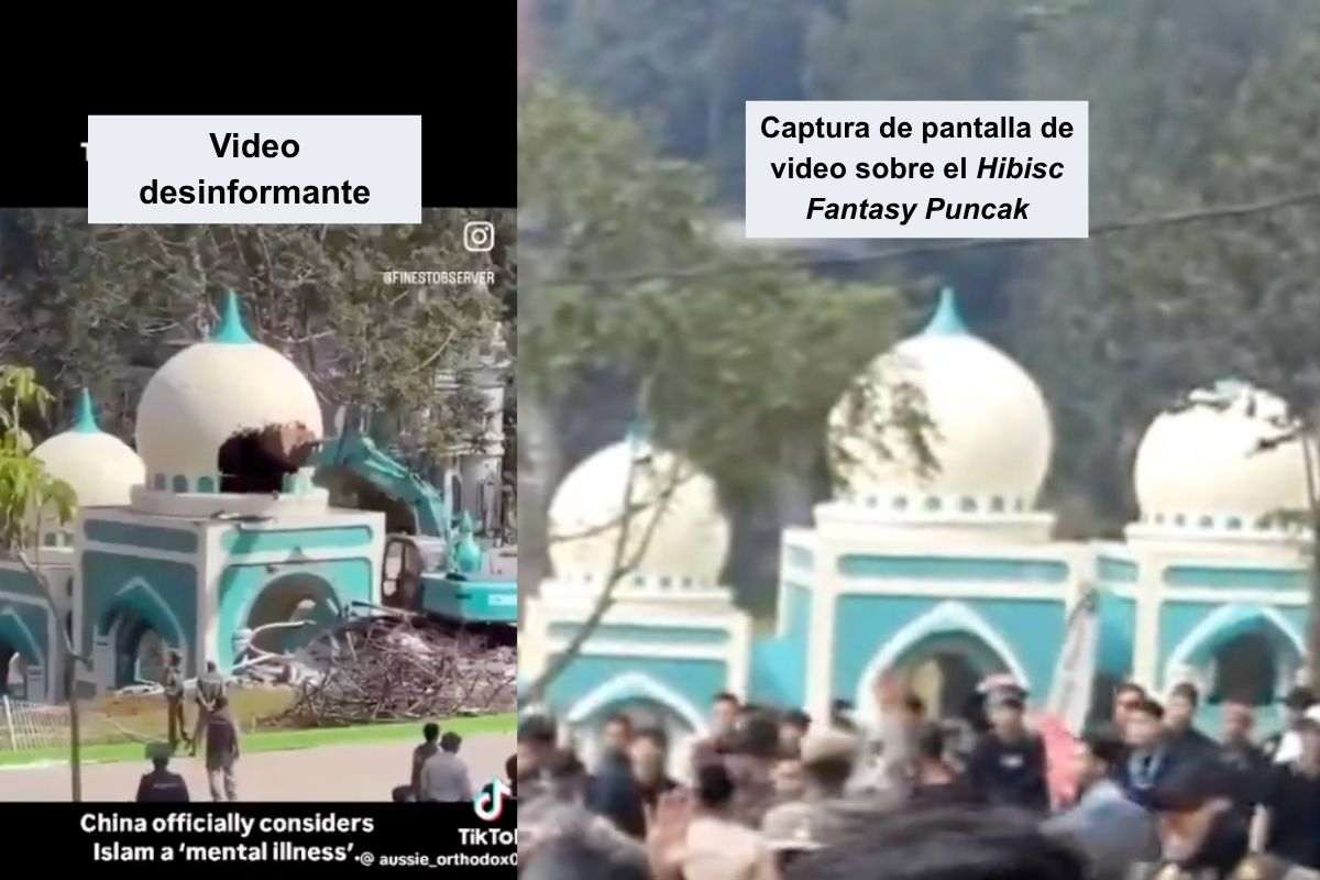 Circula en redes sociales el video de la destrucción de una mezquita y aseguran que se grabó en China, pero en realidad es la demolición de un parque de diversiones indonesio en 2025. 