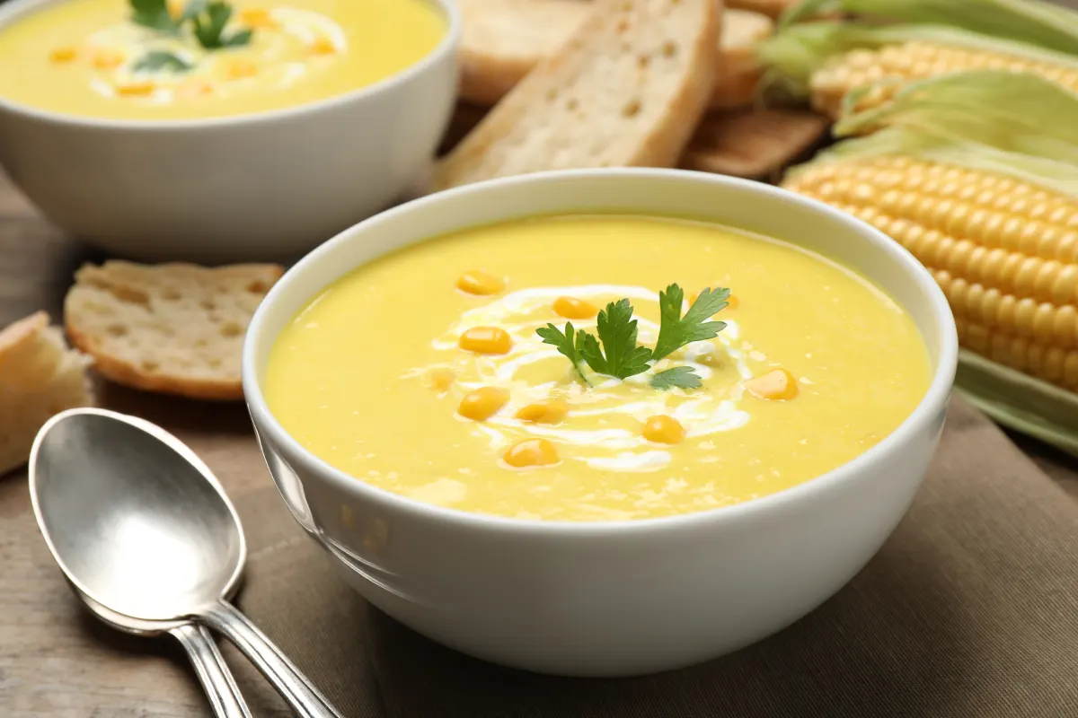 Tazón con crema de elote en su interior
