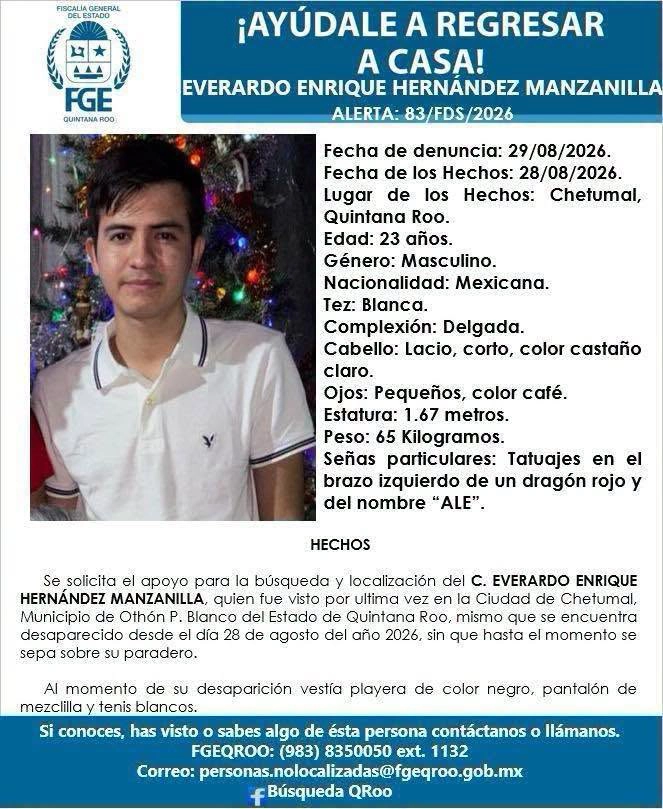 Everardo Enrique Hernández Manzanilla sigue desaparecido.
