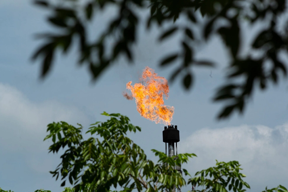 Quemador de gas industrial emitiendo una llamarada de fuego al aire libre, enmarcado entre el follaje de árboles contra un cielo nublado.