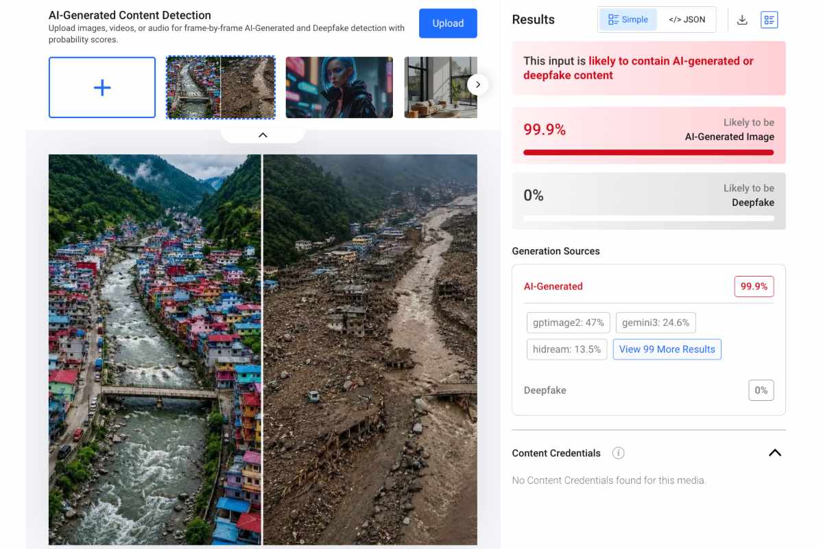 Es falsa una imagen que circula del antes y después de las inundaciones en Nepal, fue generada con inteligencia artificial. 