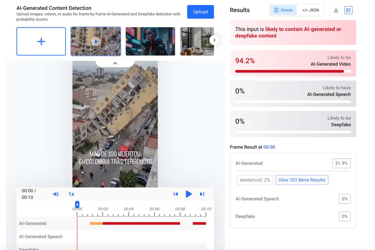 Circula en redes sociales el video del derrumbe de un edifico amarillo en Colombia, supuestamente después del sismo, pero el video fue generado con inteligencia artificial. 