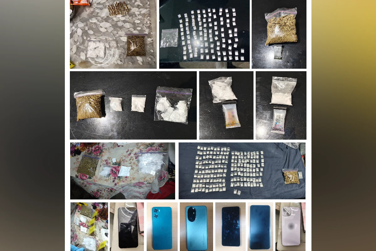 Mosaico de fotografías que muestra dosis de posible droga en bolsas de plástico, cartuchos de arma de fuego y varios teléfonos celulares decomisados durante un cateo.