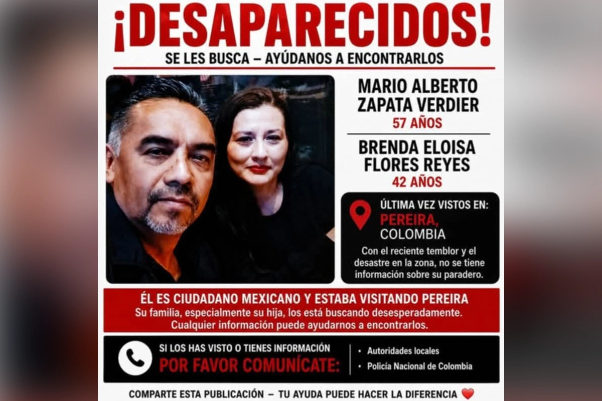 Ficha de búsqueda de una pareja de mexicanos reportados como desaparecidos en Pereira, Colombia, tras el reciente sismo.