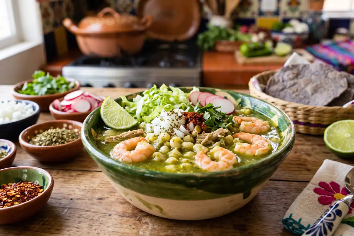 Mesa con pozole verde con camarón como protagonista acompañado de limon, oregano, chile